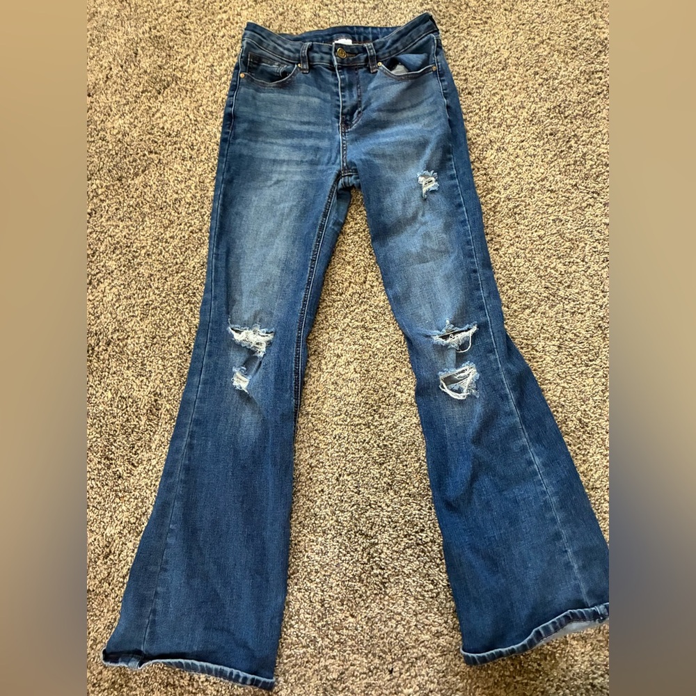 No Boundaries Flare Distressed Blue Jeans